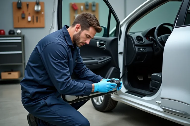 Technicien automobile branchant un scanner OBD-II sur une Renault pour lire le code défaut DTC038061