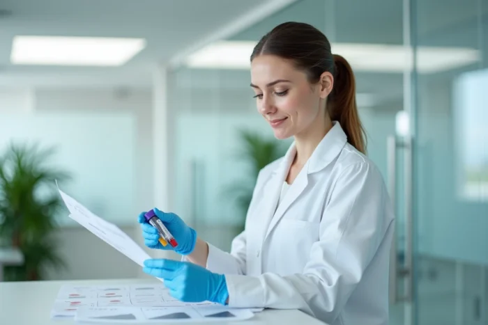Technicienne de laboratoire d'analyses médicales au Cannet des Maures manipulant un tube de prélèvement sanguin avec professionnalisme
