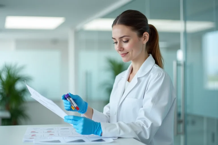 Technicienne de laboratoire d'analyses médicales au Cannet des Maures manipulant un tube de prélèvement sanguin avec professionnalisme