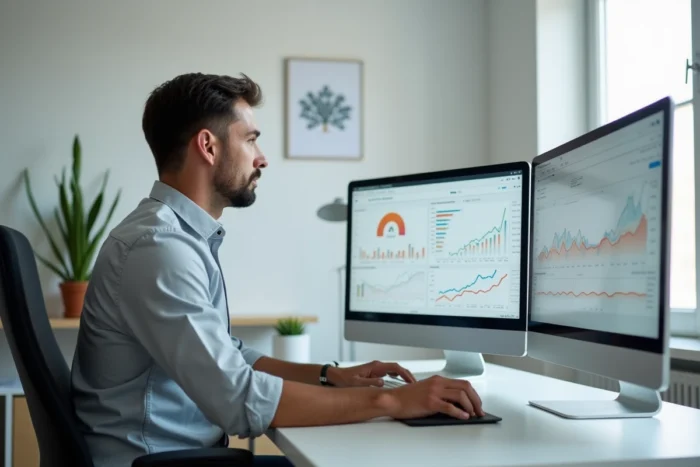 Entrepreneur masculin analysant des tableaux de bord numériques et tendances marketing sur plusieurs écrans dans un bureau épuré
