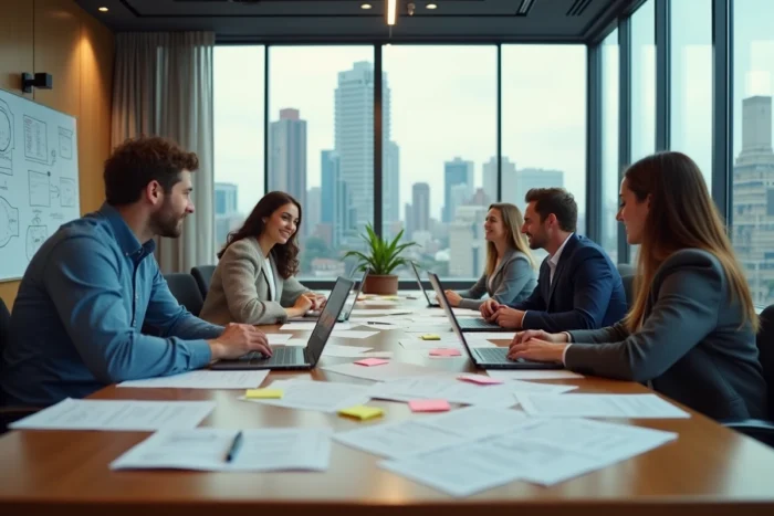Équipe professionnelle diversifiée en réunion de brainstorming autour d'une table avec des documents de stratégie business