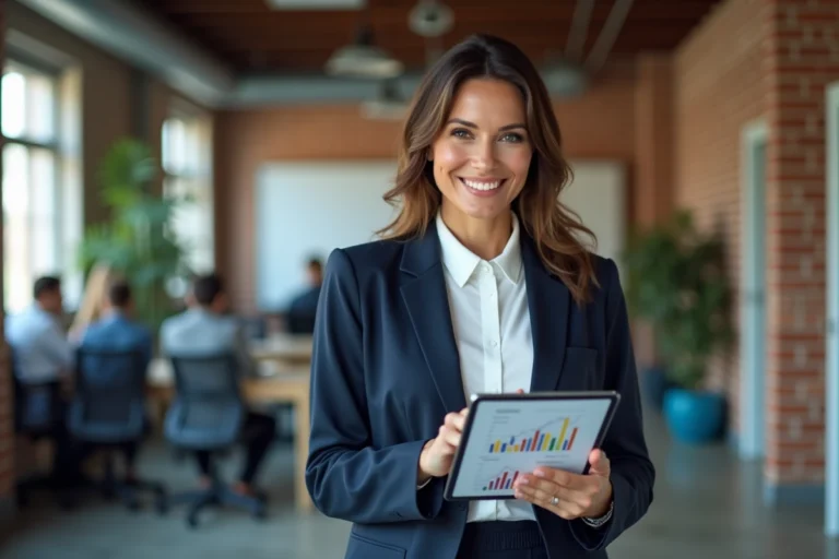 Femme cadre professionnelle consultant des graphiques de croissance sur une tablette dans un bureau moderne et collaboratif