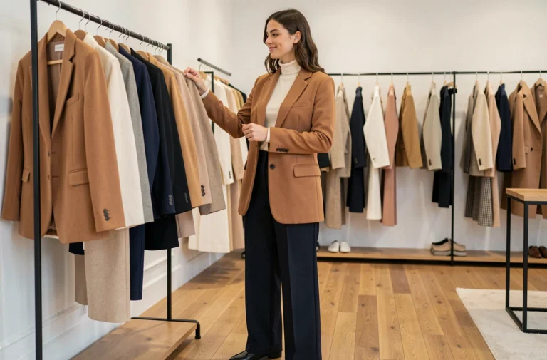 Femme élégante en blazer camel oversize feuilletant un portant de vêtements dans une boutique de mode parisienne minimaliste