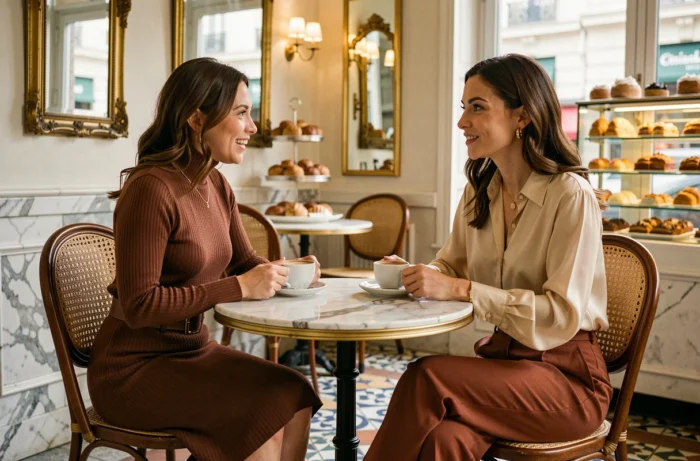 Zwei elegant gekleidete Frauen im herbstlichen Trend, die in einem schicken Pariser Bistro bei einem Kaffee diskutieren