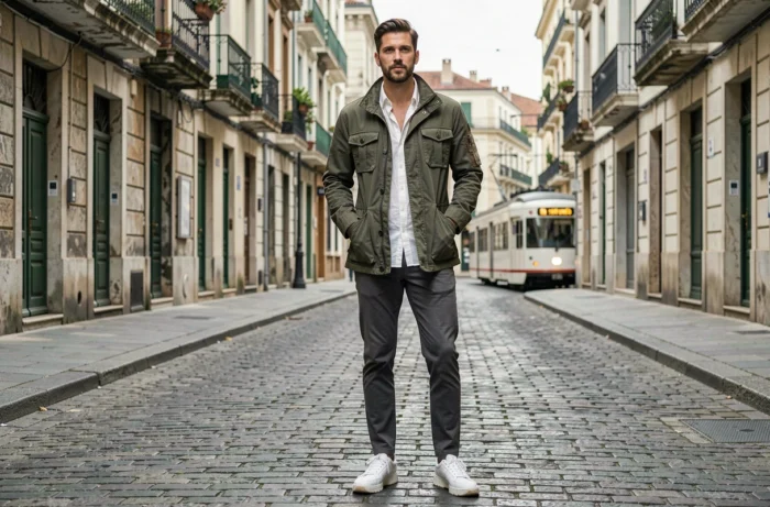 Mann in olivgrüner Utility-Jacke und weißen Sneakers in einer gepflasterten Straße eines trendigen europäischen Stadtteils