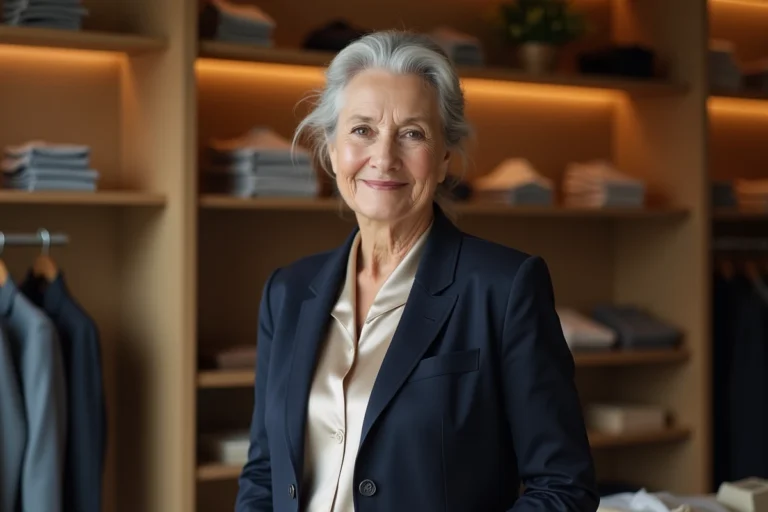 Femme élégante de 75 ans portant un blazer marine et un chemisier en soie dans une boutique parisienne, style vestimentaire raffiné pour senior