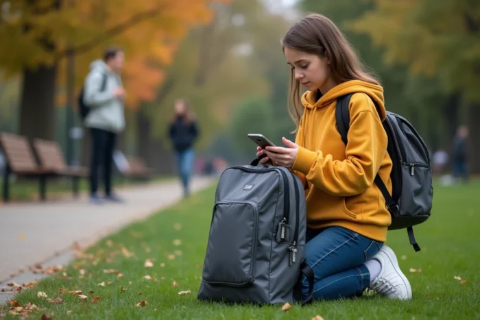 Jeune fille attachant un tracker Bluetooth Rabbit Finder à son sac à dos dans un parc pour ne plus perdre ses affaires