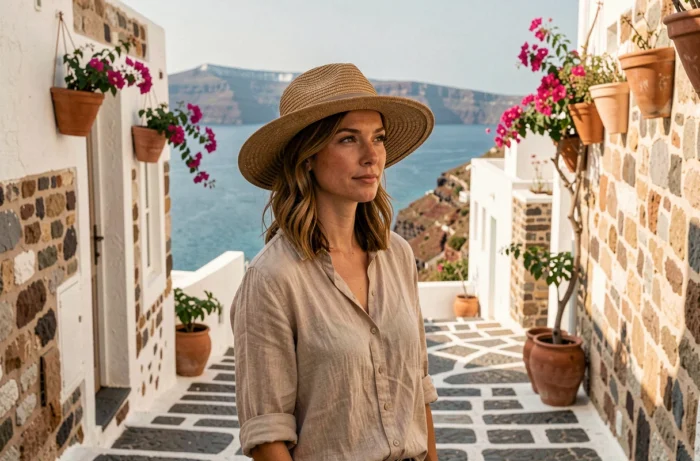 Femme en chapeau de paille contemplant les ruelles blanches de Santorin avec vue sur la mer Égée, destination de voyage emblématique en Grèce
