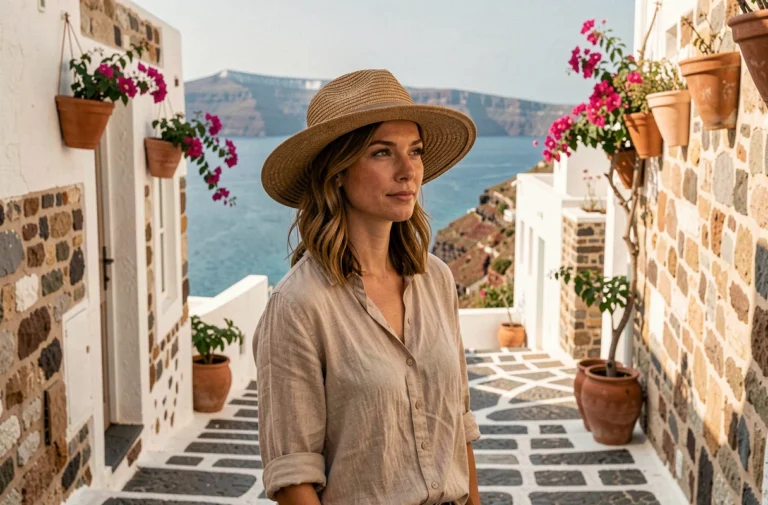 Femme en chapeau de paille contemplant les ruelles blanches de Santorin avec vue sur la mer Égée, destination de voyage emblématique en Grèce