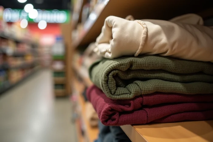 Vêtements femme soigneusement pliés sur une étagère de supermarché mettant en valeur la qualité des tissus et la durabilité des matières