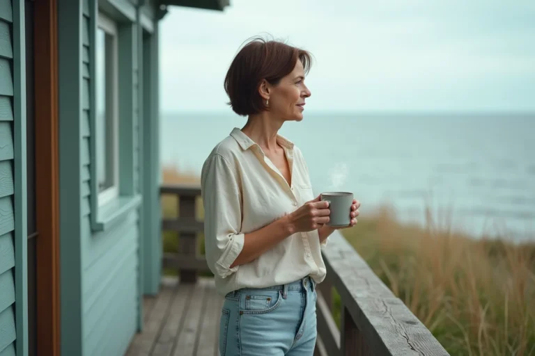 Femme vivant à l'année en bord de mer sur la terrasse de sa maison côtière avec vue sur l'océan