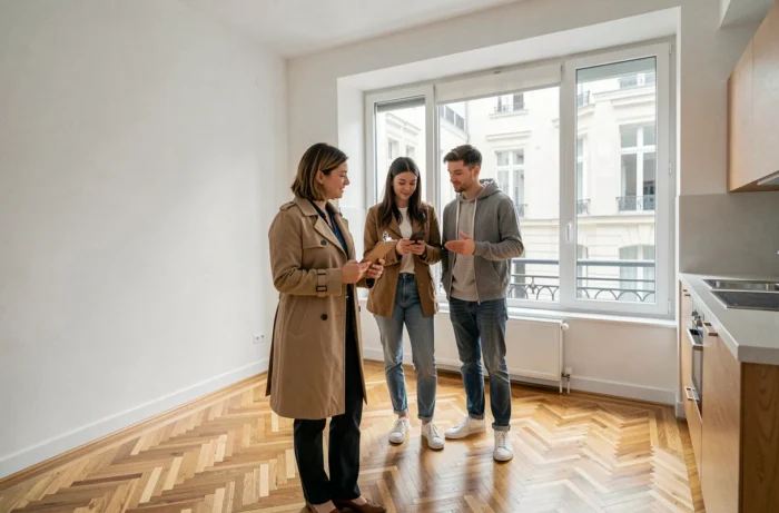 Agent immobilier faisant visiter un appartement vide à un couple de futurs locataires