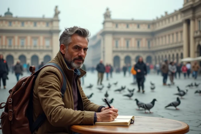 Voyageur écrivant dans un carnet de voyage en terrasse de café sur une grande place historique européenne