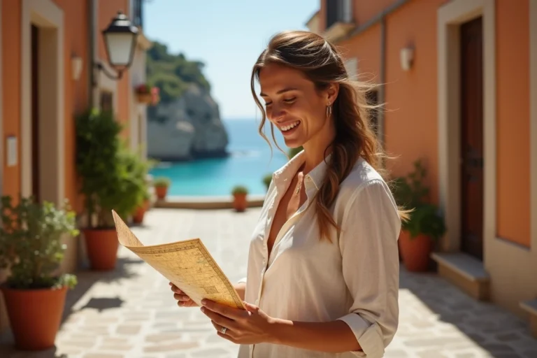 Voyageuse consultant une carte dans une ruelle pavée d'un village méditerranéen avec vue sur la mer