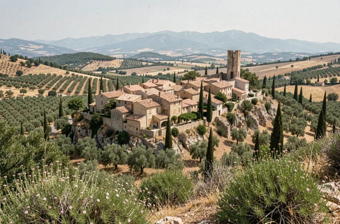 Vue panoramique du village de Robion perché sur son éperon rocheux dans le Luberon en Provence